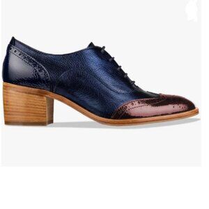 FOWT Blue Brown Perforated Lace-Up Oxfords Almond Toe Mid Chunky Heel Shoes